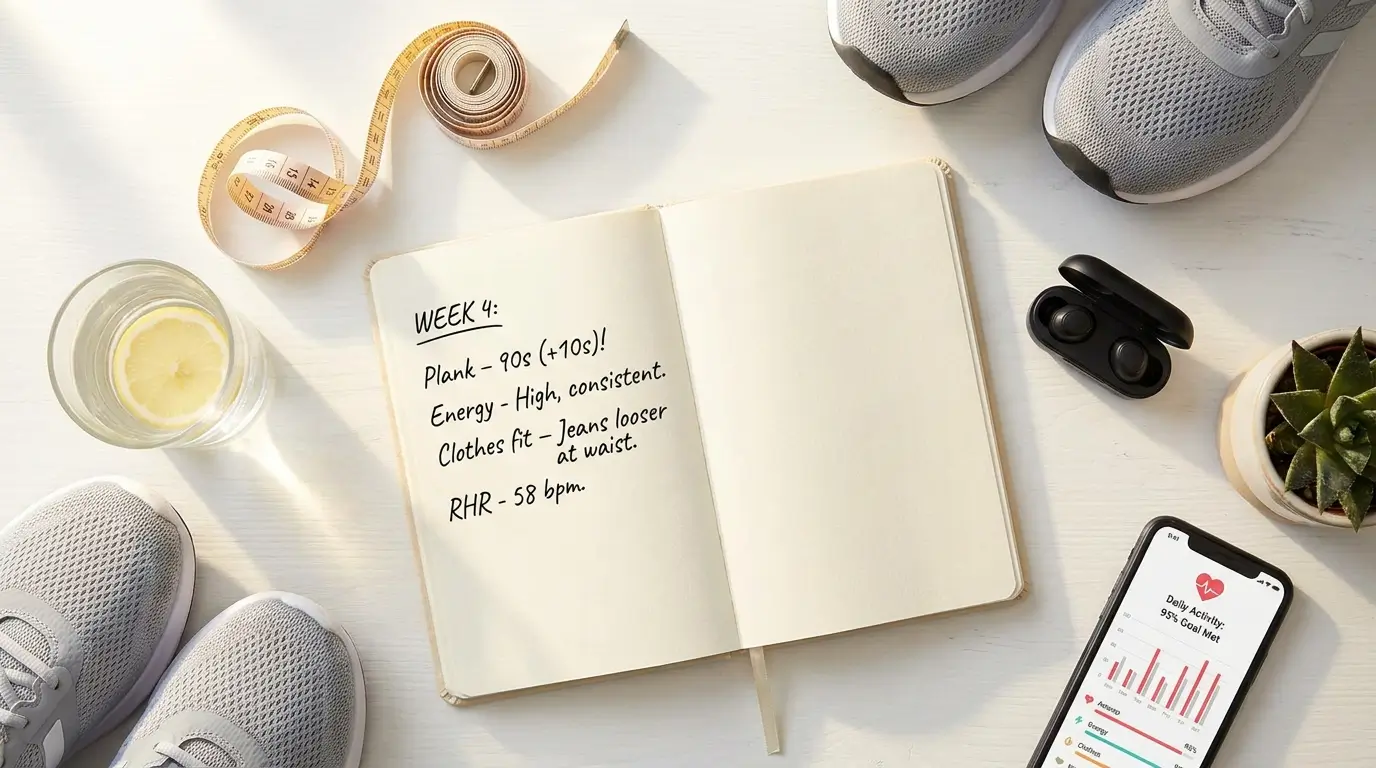 Fitness journal on a white surface for tracking fitness progress without a scale