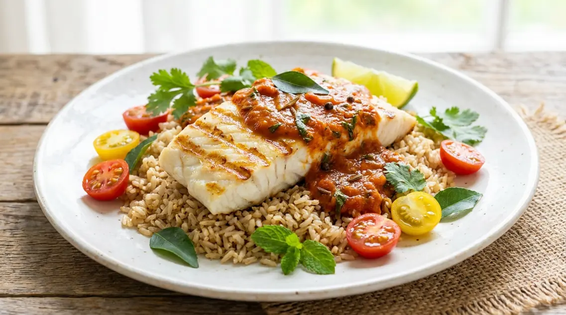Grilled fish with spiced tomato sauce and brown rice - high protein desi dinner