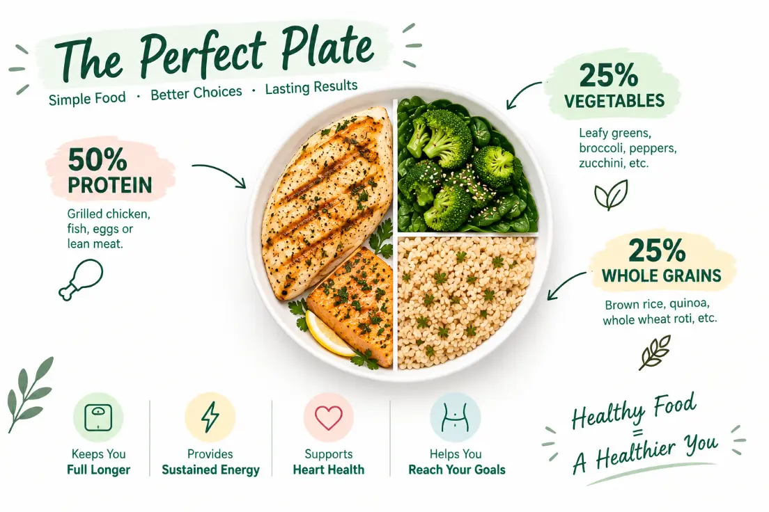 Healthy plate structure for muscle preservation - protein, vegetables, complex carbs