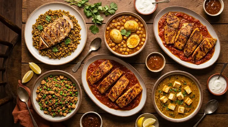 Five high-protein desi dinner dishes on a wooden table, grilled chicken with lentils, egg and chickpea curry, grilled fish with tomato sauce, chicken keema with peas, and paneer and lentil bowl