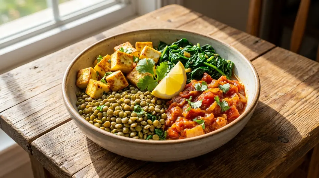 Paneer and lentil power bowl - high protein vegetarian desi dinner