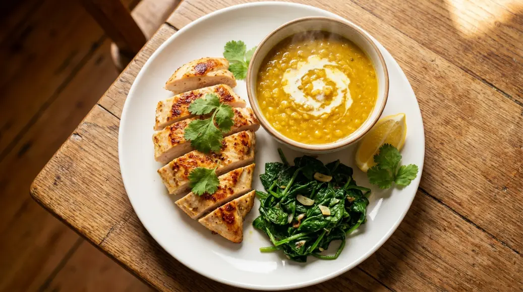 Spiced chicken breast with lentil dal and greens - high protein desi dinner